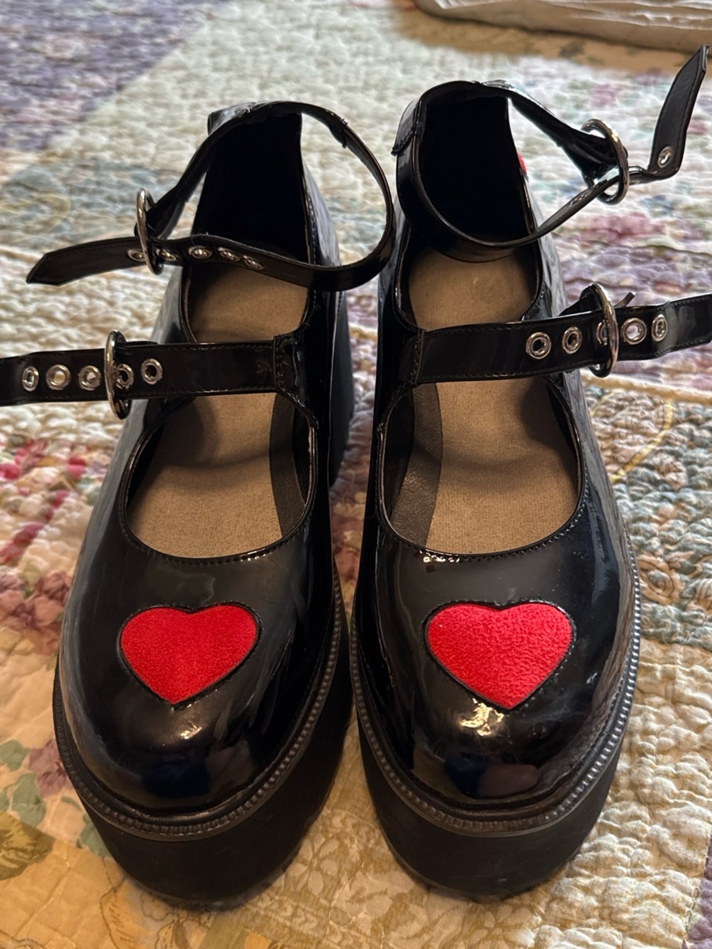Black Patent Platform Mary Janes with Red Heart Accent by